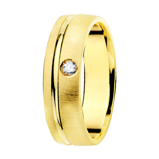 18K ALIANZA ORO AMARILLO MATIZADA Y FILO BRILLO DIAMANTE 0.045 QTS. ANCHO: 5,5MM