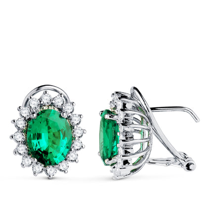 18K PENDIENTES ORO BLANCO 32 DIAMANTES DE LABORATORIO Y ESMERALDA RECRISTALIZADA 9X7 MM 3,62 QTS 1,12 QTS. VS2-G. CIERRE OMEGA 14X12 MM