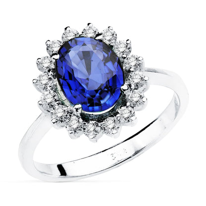 18K SORTIJA ORO BLANCO ZAFIRO 9X7 MM 2,47 QT. DIAMANTES 0,52 QT. VS2-G. MEDIDA: 14X12,5 MM