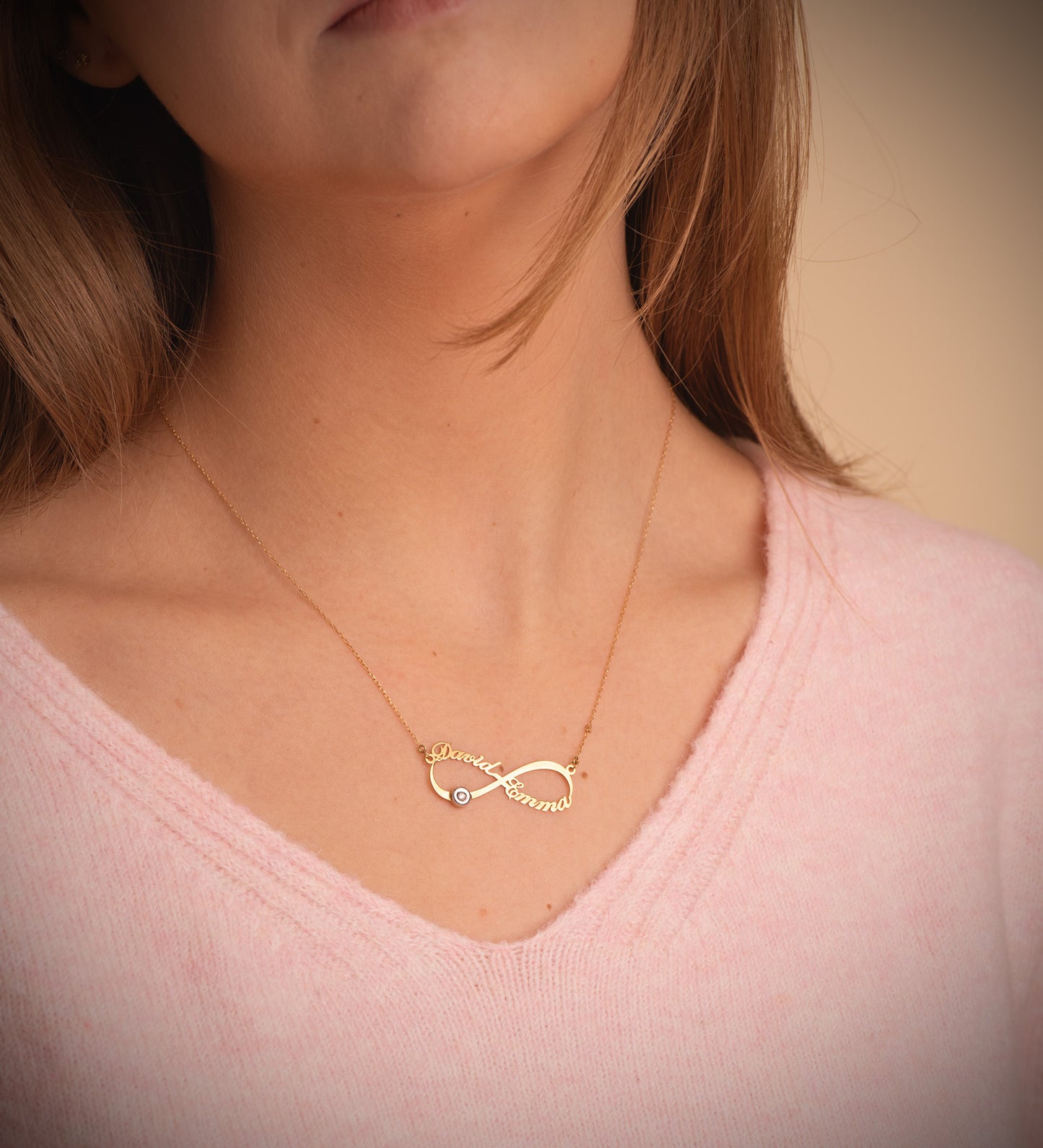 18K GARGANTILLA ORO BICOLOR INFINITO PERSONALIZADO 2 NOMBRES 35 MM DIAMANTE CADENA 44 2 CM