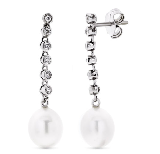 18K PENDIENTES ORO BLANCO LARGOS CON CIRCONITA Y PERLA CIERRE PRESION