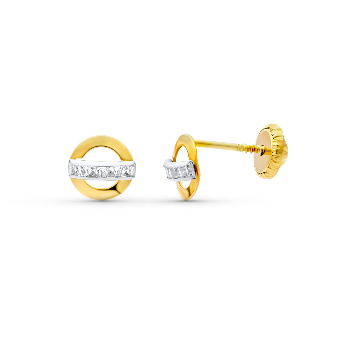 18K PENDIENTES ORO BICOLOR CIRCONITA 6 MM. CIERRE TUERCA