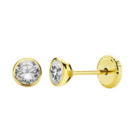 18K PENDIENTES ORO AMARILLO CHATON REDONDOS CIRCONITA 4 MM CIERRE TUERCA