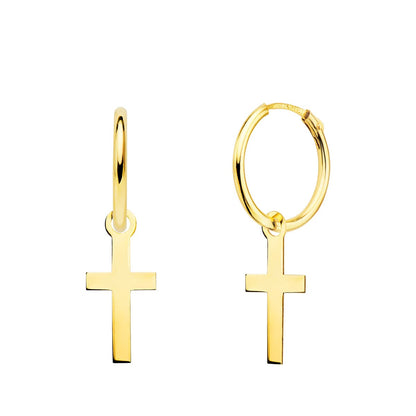 18K AROS ORO AMARILLO TUBO CON CRUZ LISA 12X6 MM ARO 12X1.5 MM