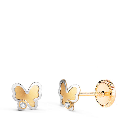 18K PENDIENTES ORO BICOLOR MARIPOSA CON CIRCONITAS. MEDIDA: 5,2 X 5 MM CIERRE TUERCA