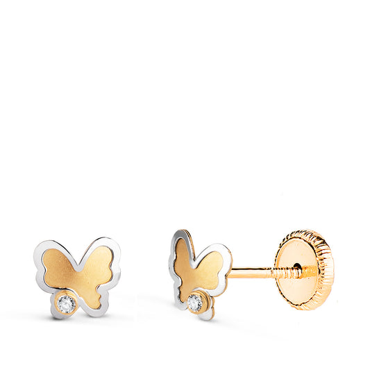18K PENDIENTES ORO BICOLOR MARIPOSA CON CIRCONITAS. MEDIDA: 5,2 X 5 MM CIERRE TUERCA