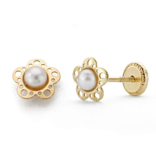 18K PENDIENTES ORO AMARILLO NIÑA FLOR PERLITA TUERCA