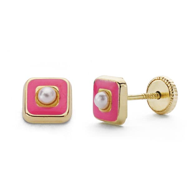 18K PENDIENTES ORO AMARILLO PERLAS ESMALTE ROSA 5 MM CIERRE TUERCA