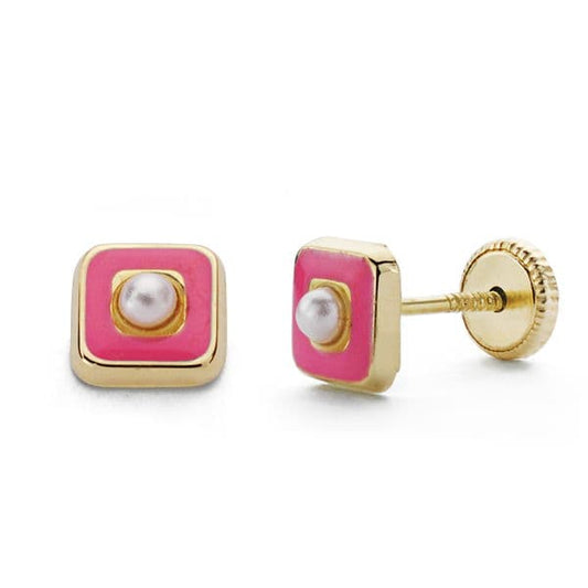 18K PENDIENTES ORO AMARILLO PERLAS ESMALTE ROSA 5 MM CIERRE TUERCA