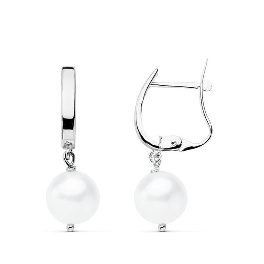 18K PENDIENTES ORO BLANCO PERLA 25X7.5 MM CIERRE CATALAN
