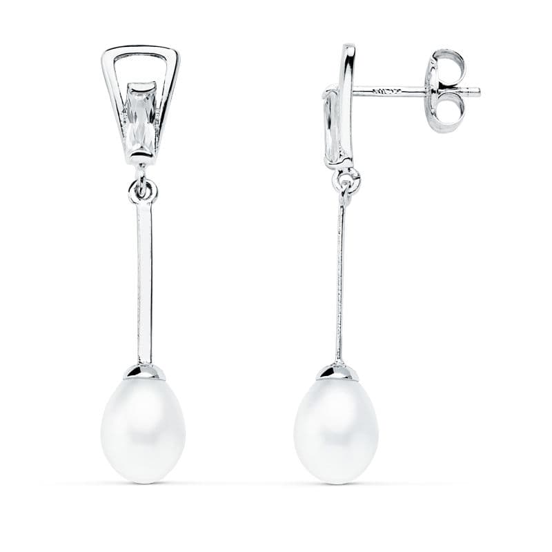18K PENDIENTES ORO BLANCO PERLA 31X5 MM CIERRE PRESION