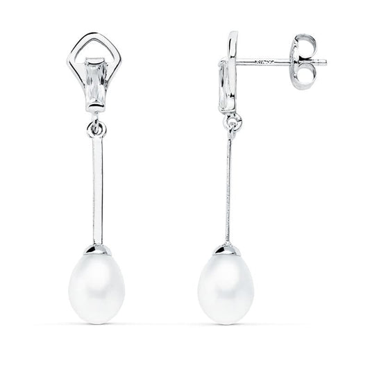 18K PENDIENTES ORO BLANCO CON CIRCONITAS BAGUETTE Y PERLAS. MEDIDA: 31X6 MM. CIERRE PRESION