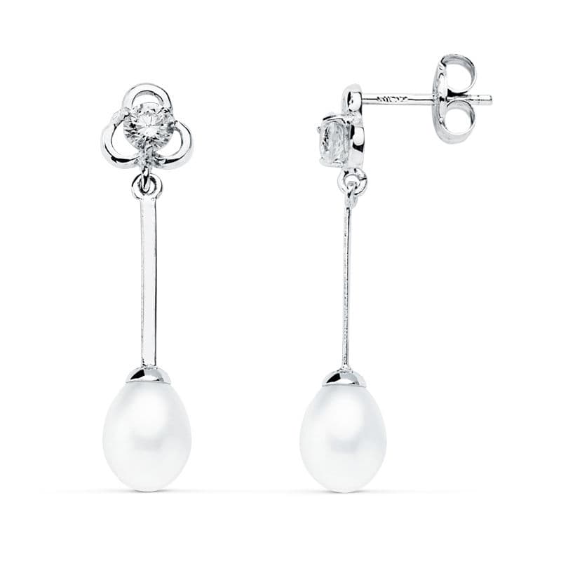 18K PENDIENTES LARGOS ORO BLANCO PERLA 27X6 MM CIERRE PRESION