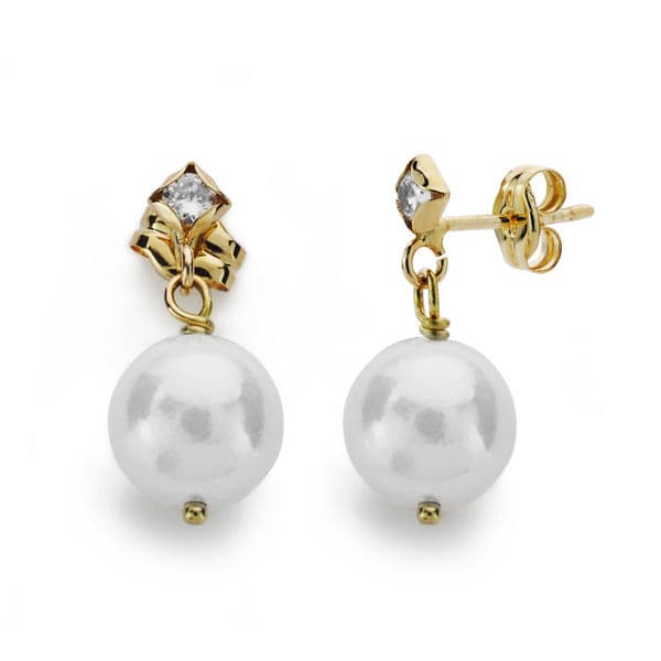 18K PENDIENTES LARGOS ORO AMARILLO PERLA CIRCONITA 17X8 MM CIERRE PRESION