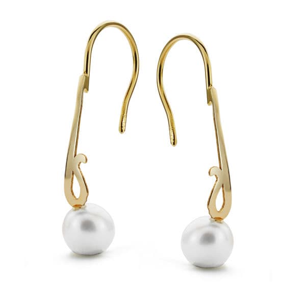 18K PENDIENTES LARGOS PERLA ORO AMARILLO 25X6 MM CIERRE GANCHO