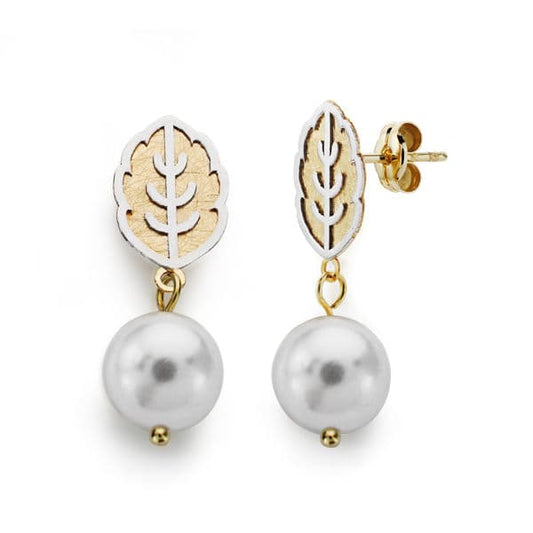 18K PENDIENTES BICOLOR PERLA 25X8 MM CIERRE PRESION