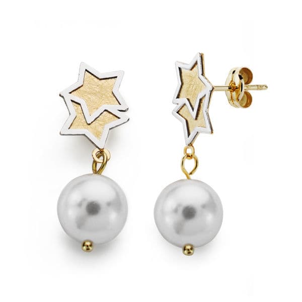 18K PENDIENTES BICOLOR PERLA 25X8 MM CIERRE PRESION