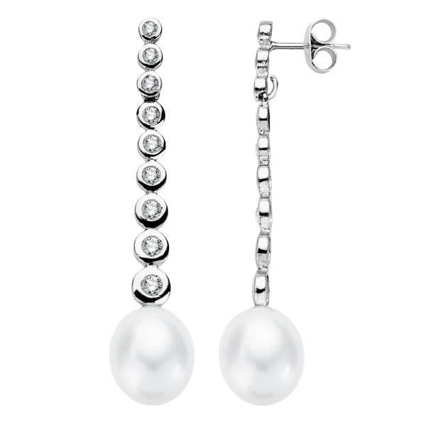 18K PENDIENTES ORO BLANCO PERLA 40X8 MM CIERRE PRESION