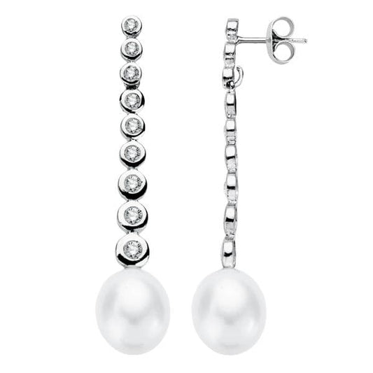 18K PENDIENTES ORO BLANCO PERLA 40X8 MM CIERRE PRESION