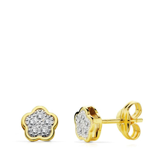 18K PENDIENTES BICOLOR FLOR 5X5 MM CIERRE PRESION