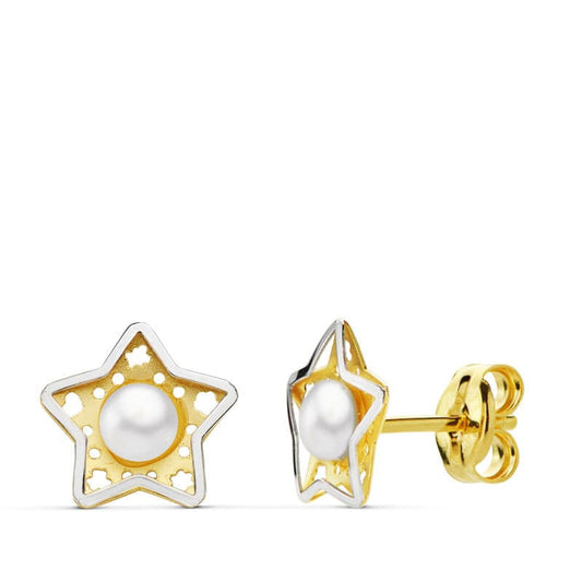 18K PENDIENTES BICOLOR ESTRELLA 8X8 MM CIERRE PRESION