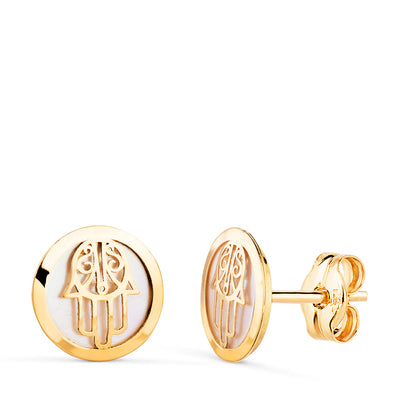 18K PENDIENTES ORO AMARILLO MANO DE FATIMA CON NACAR. MEDIDA: 8 MM. CIERRE PRESION