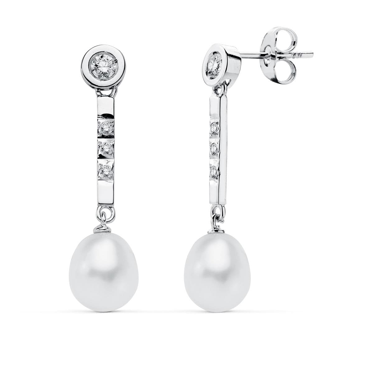 18K PENDIENTES PERLA ORO BLANCO CIRCONITA PRESION