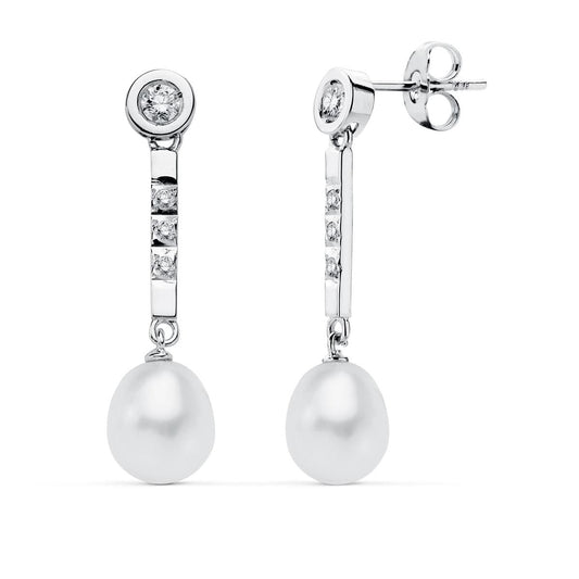 18K PENDIENTES PERLA ORO BLANCO CIRCONITA PRESION