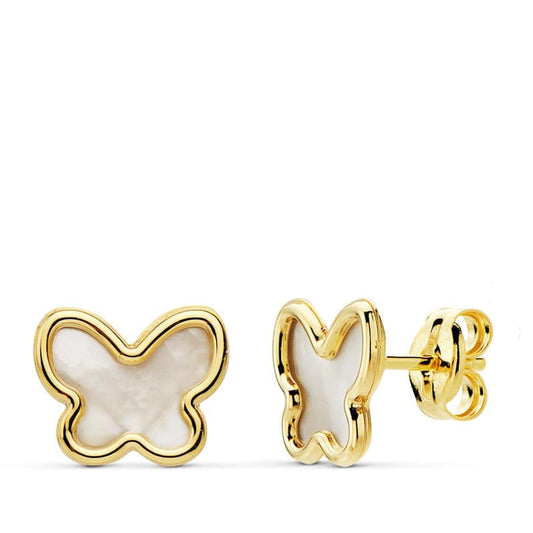 18K PENDIENTES ORO AMARILLO MARIPOSAS NACAR 9X7.5 MM CIERRE PRESION
