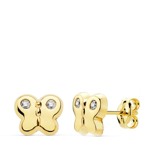 18K PENDIENTES ORO AMARILLO MARIPOSA CIRCONITA 7.5X6 CIERRE PRESION