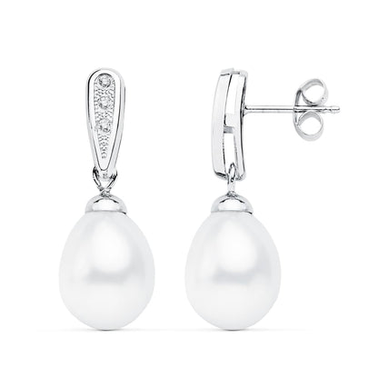 18K PENDIENTES ORO BLANCO DE NOVIA CON PERLA 24X9 MM CIERRE PRESION