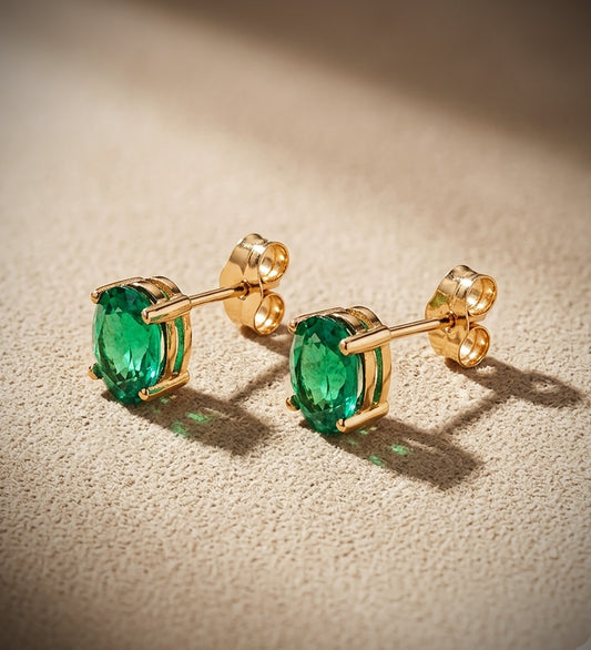 18K PENDIENTES ORO AMARILLO ESMERALDA RECRISTALIZADA 7X5 MM 1.58 QT. PRESION
