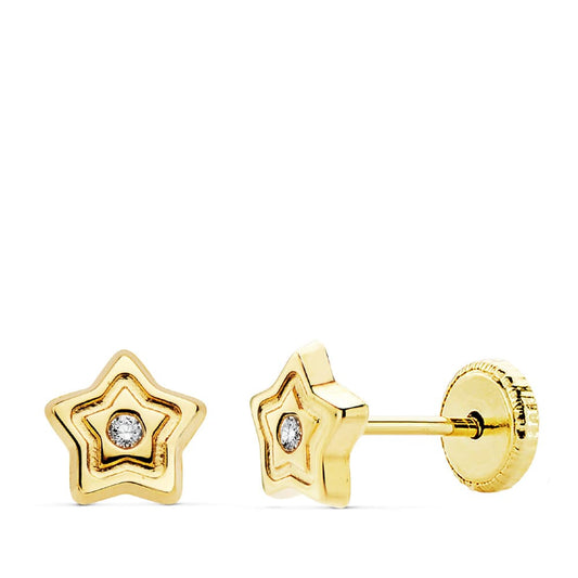 18K PENDIENTES ORO AMARILLO ESTRELLA CIRCONITA 6X6 MM CIERRE TUERCA