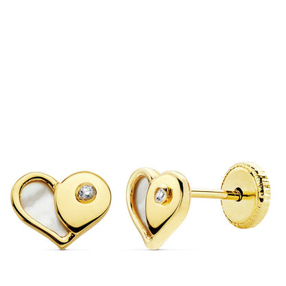 18K PENDIENTES ORO AMARILLO CORAZON NACAR 7X5.5 MM CIERRE TUERCA