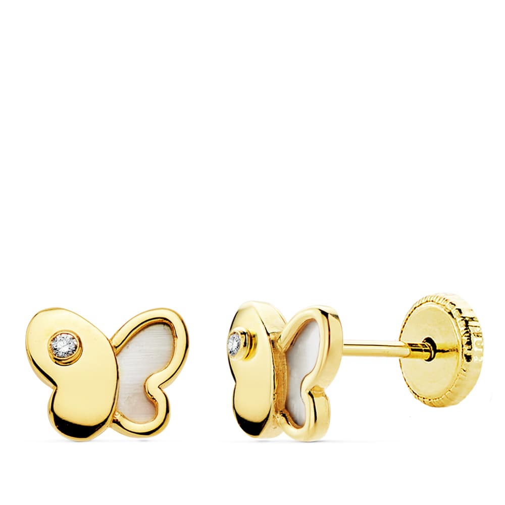 18K PENDIENTES ORO AMARILLO MARIPOSA NACAR 7X5.5 MM CIERRE TUERCA