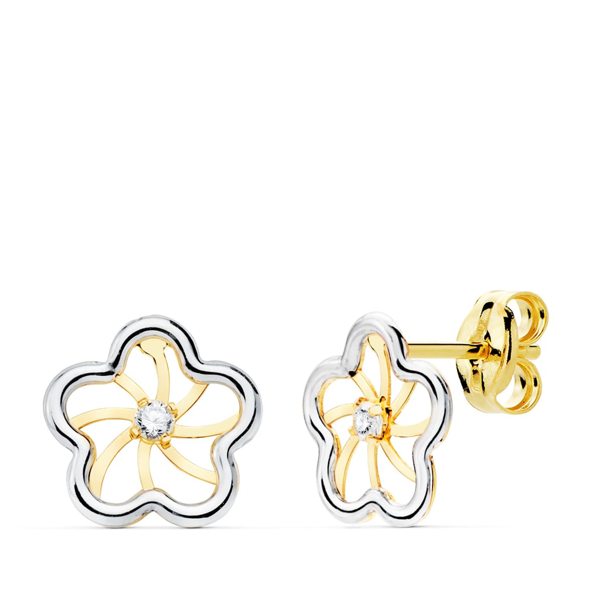 18K PENDIENTES ORO BICOLOR FLOR Y CIRCONITA 8X8 MM CIERRE PRESION