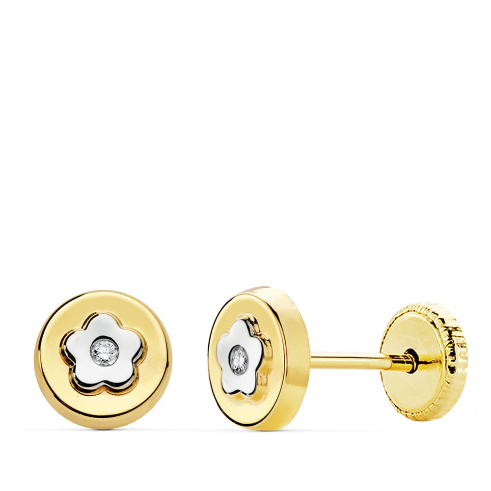 18K PENDIENTES REDONDO ORO BICOLOR 6 MM CIERRE TUERCA