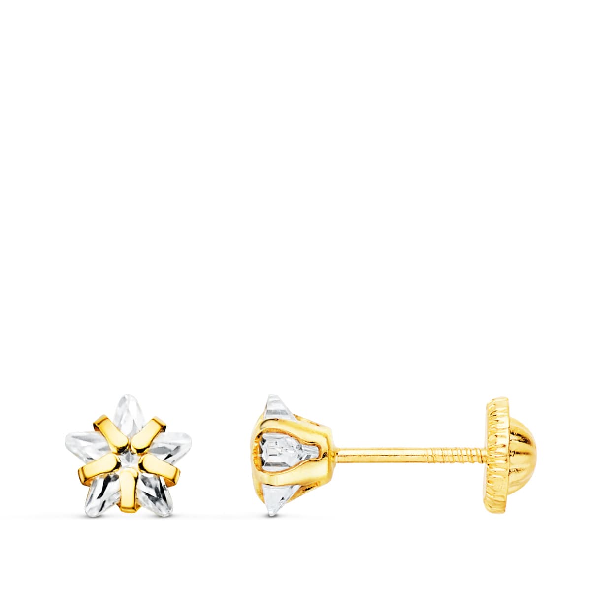 18K PENDIENTES ORO AMARILLO CIRCONITA ESTRELLA 5X5 MM CIERRE TUERCA