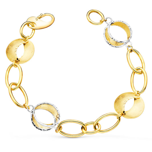 18K PULSERA ORO BICOLOR ESLABONES OVALES Y MOTIVOS REDONDOS RAYADOS. 20CM