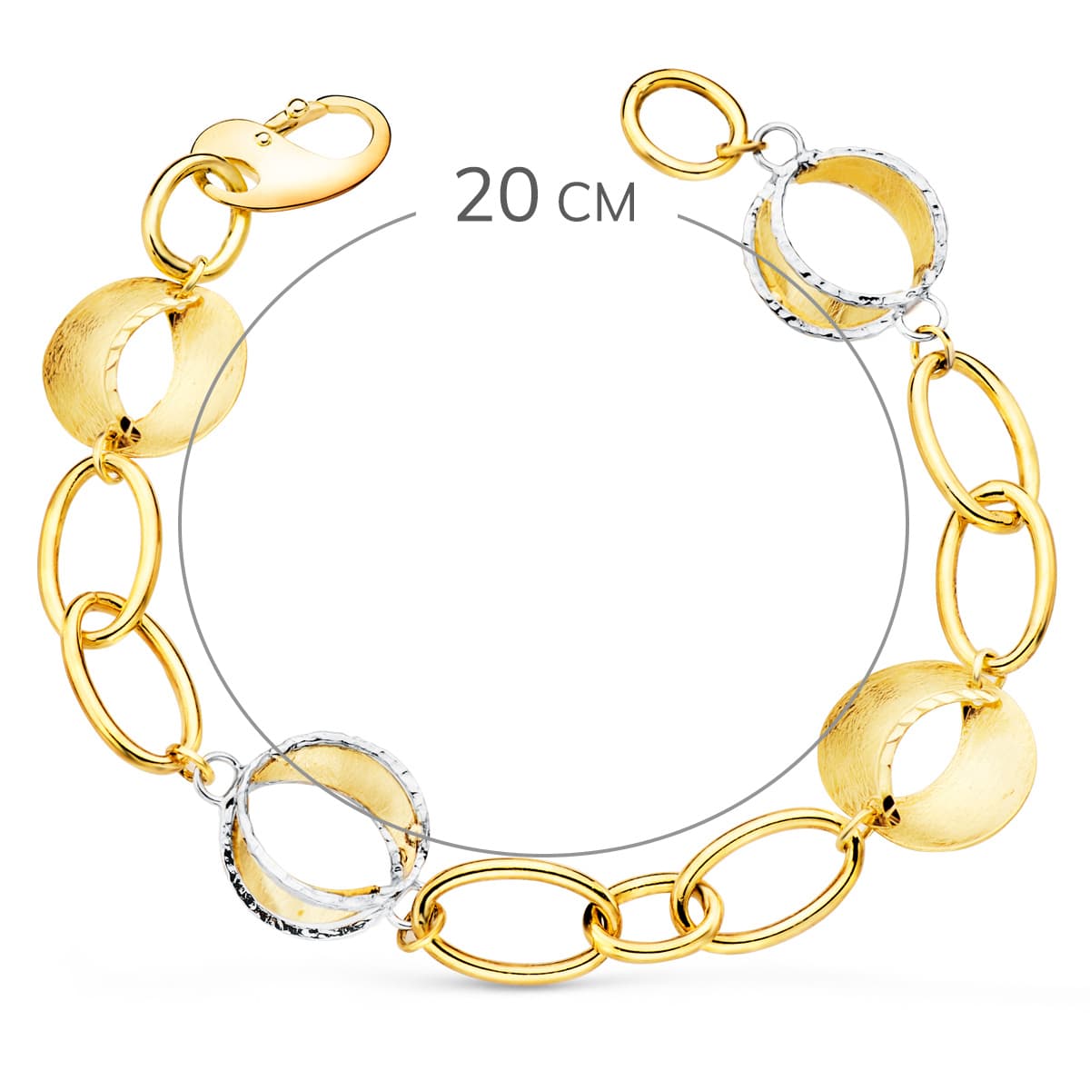 18K PULSERA ORO BICOLOR ESLABONES OVALES Y MOTIVOS REDONDOS RAYADOS. 20CM