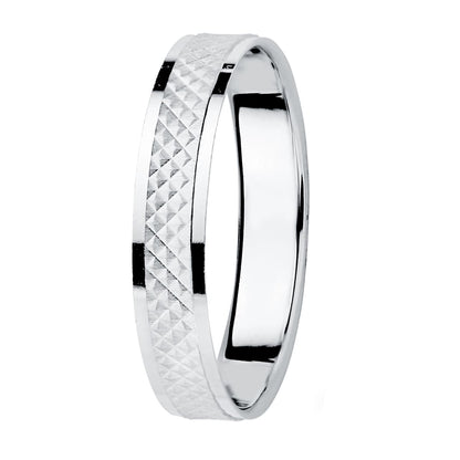 18K ALIANZA ORO BLANCO BORDES BRILLO Y CENTRO TALLADO. ANCHO: 3,5 MM