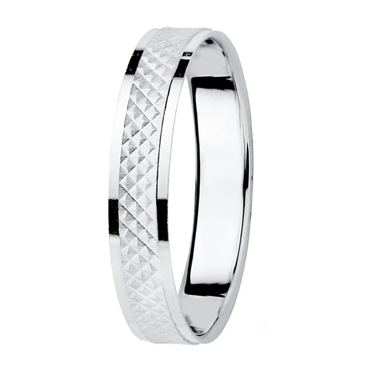 18K ALIANZA ORO BLANCO BORDES BRILLO Y CENTRO TALLADO. ANCHO: 3,5 MM