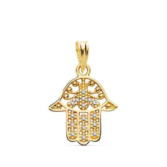 18K COLGANTE AMULETO ORO AMARILLO MANO DE FATIMA 15X14 MM