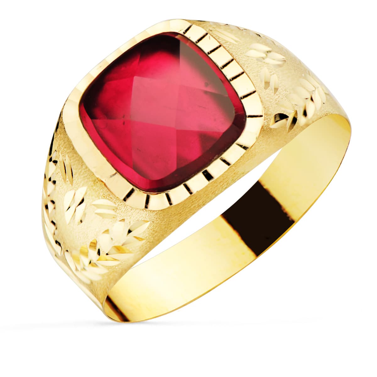 18K SELLO ORO AMARILLO CABALLERO CON PIEDRA RUBI SPINEL 9X9 MM LATERAL TALLADO