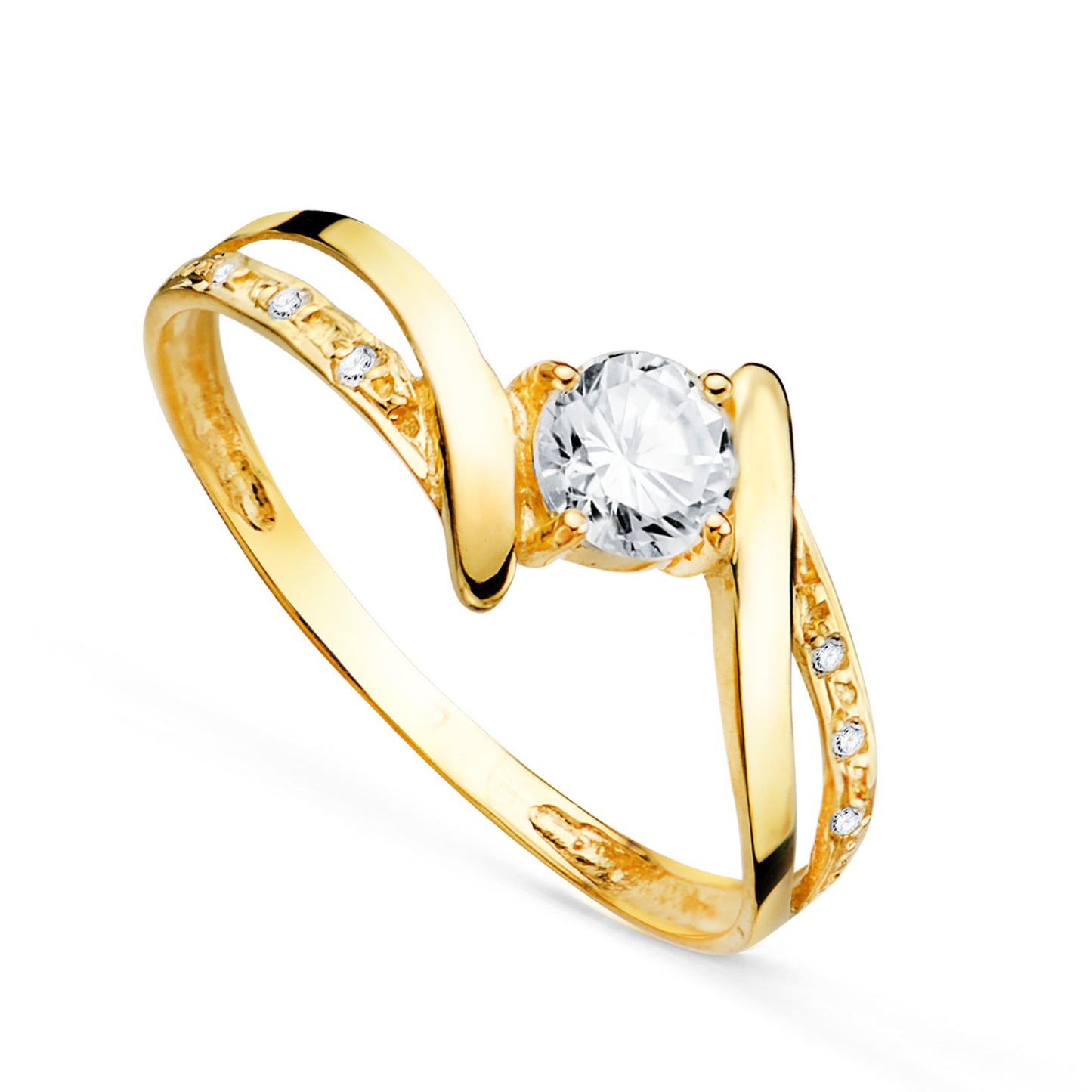 18K SOLITARIO ORO AMARILLO CRUZADO CON CIRCONITA DE 4 MM LATERAL DE CIRCONITAS