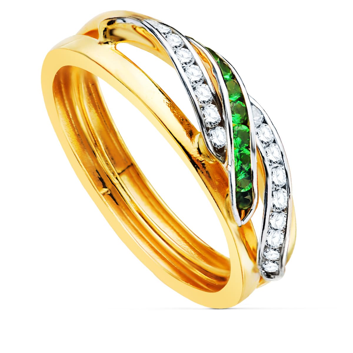 18K SORTIJA ORO BICOLOR BANDAS Y CIRCONITA BLANCAS Y VERDES. ANCHO CUERPO 6 MM