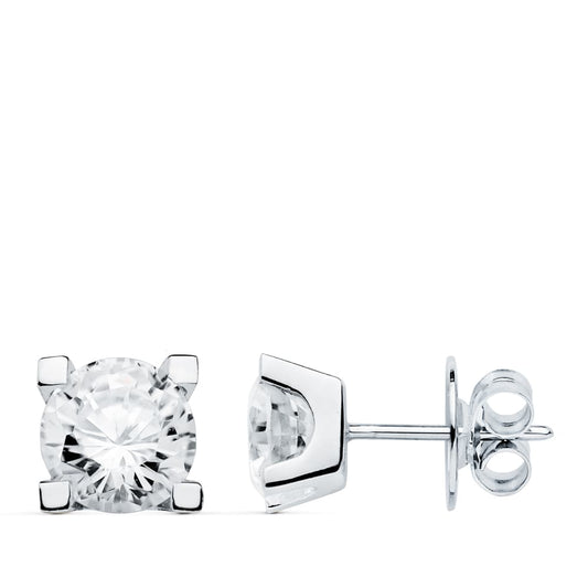 18K PENDIENTES ORO BLANCO 4 GARRAS CIRCONITA 7X7 CIERRE PRESION