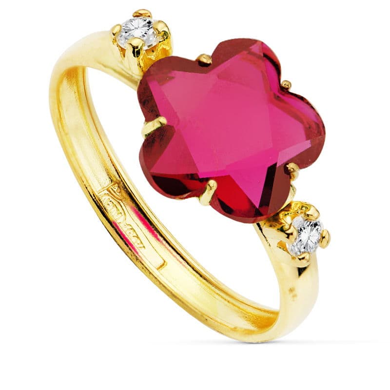 18K SORTIJA ORO AMARILLO CON CIRCONITA ROJA FORMA FLOR 10X10 MM.