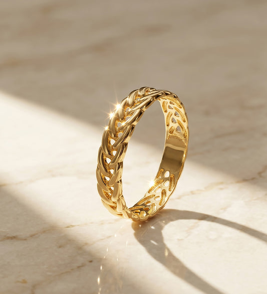 18K SORTIJA ORO AMARILLO TRENZADO ESPIGA ANCHO CUERPO 3.5 MM