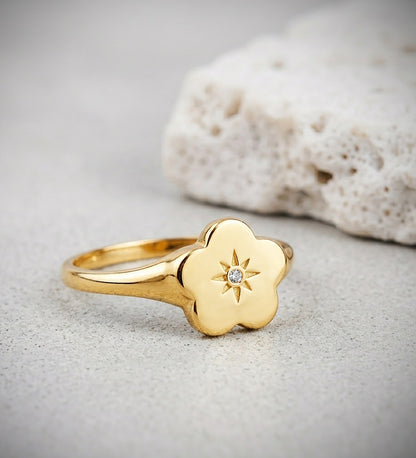 18K SELLO ORO AMARILLO MUJER CABEZA FLOR CON CIRCONITA 9X8 MM